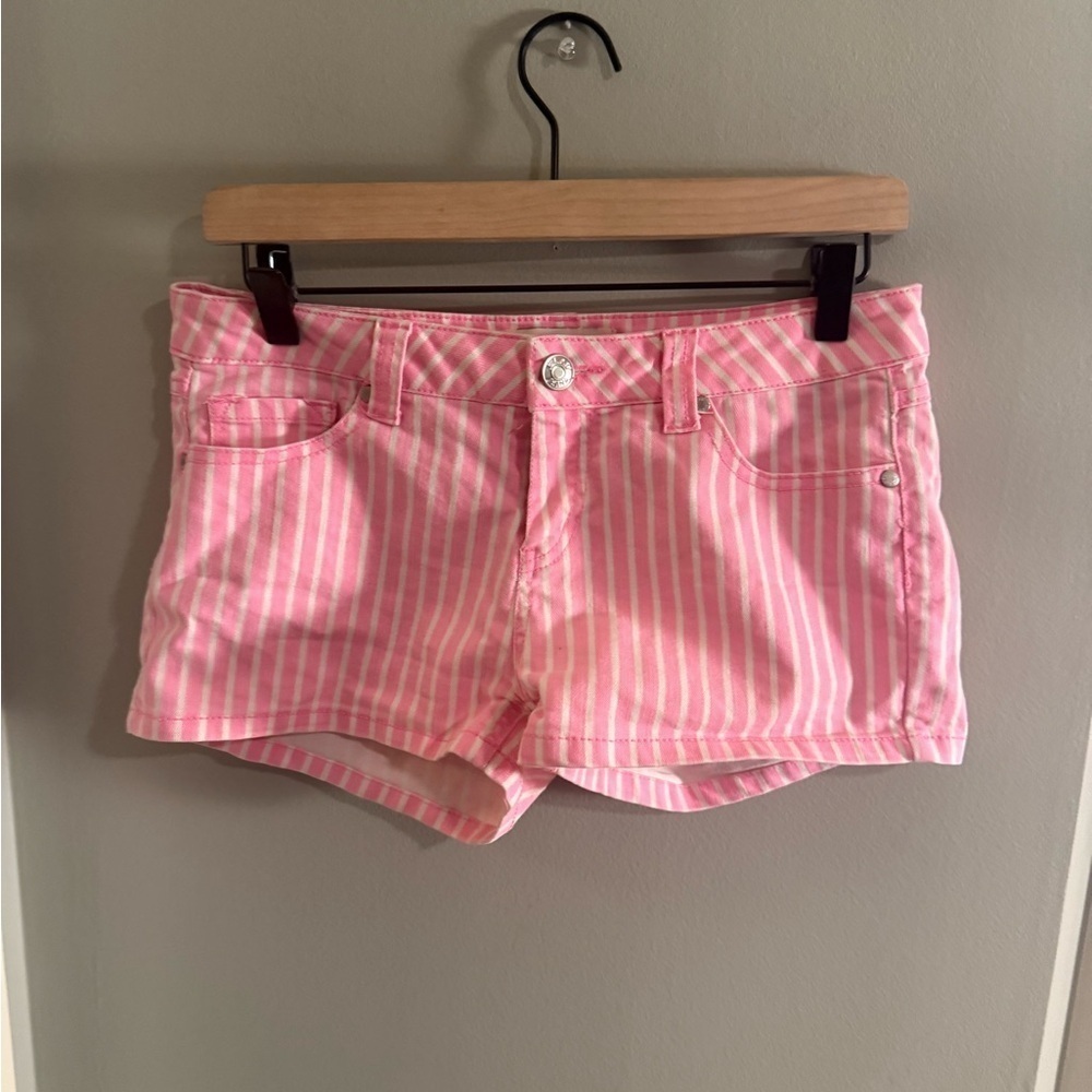Pink and White Striped Jean Shorts with Flat Front